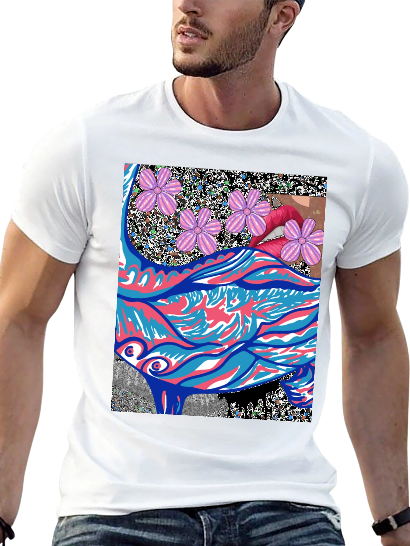Black Abstract Floral Lips Graphic Tee - Men's Black T-Shirt view 13
