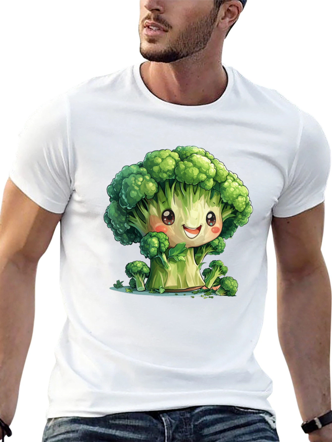 Black Cute Broccoli Cartoon Black T-Shirt view 13