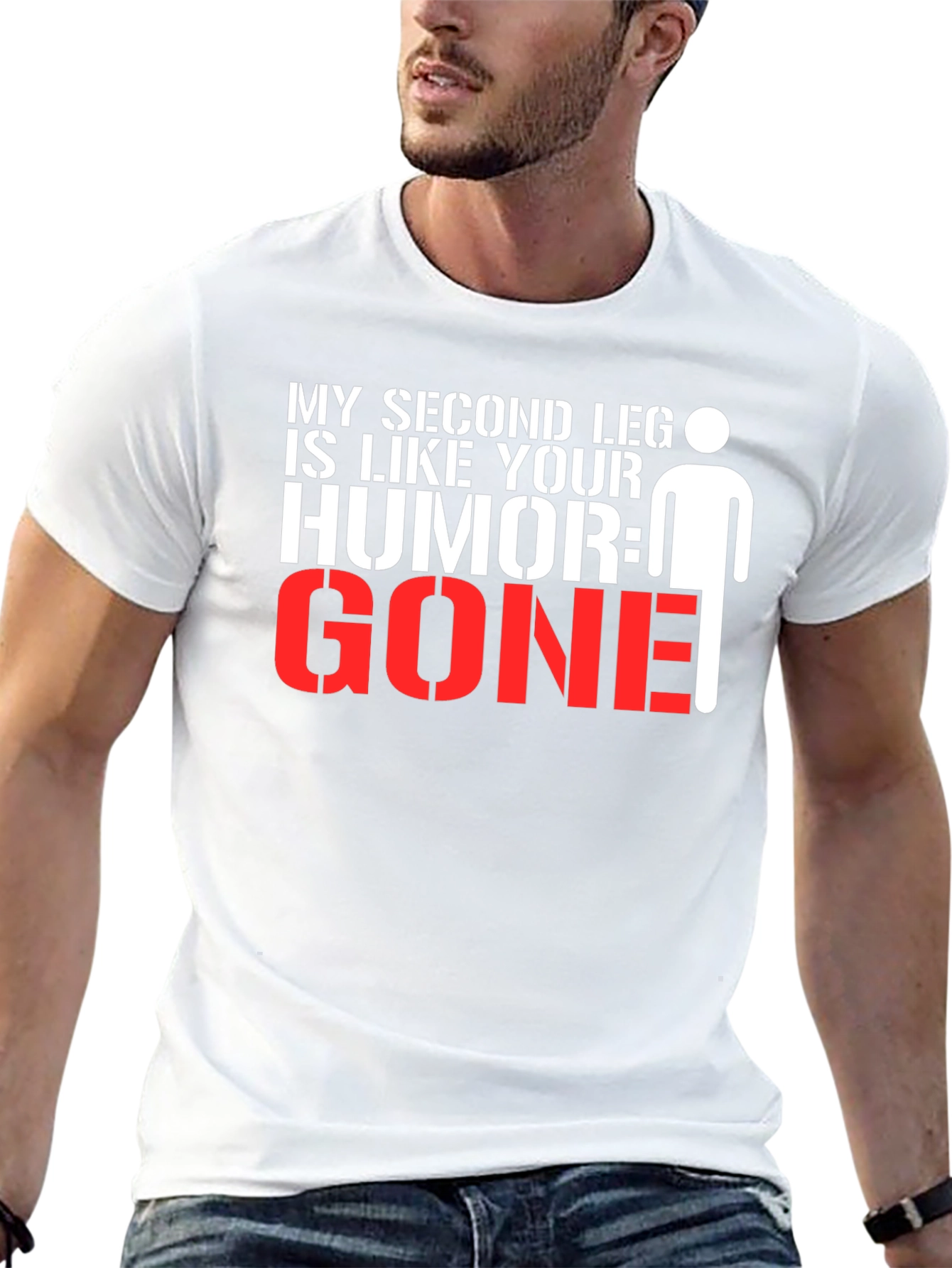 Black Humorous Graphic Tee: My Second Leg is Like Your Humor, GONE! view 13