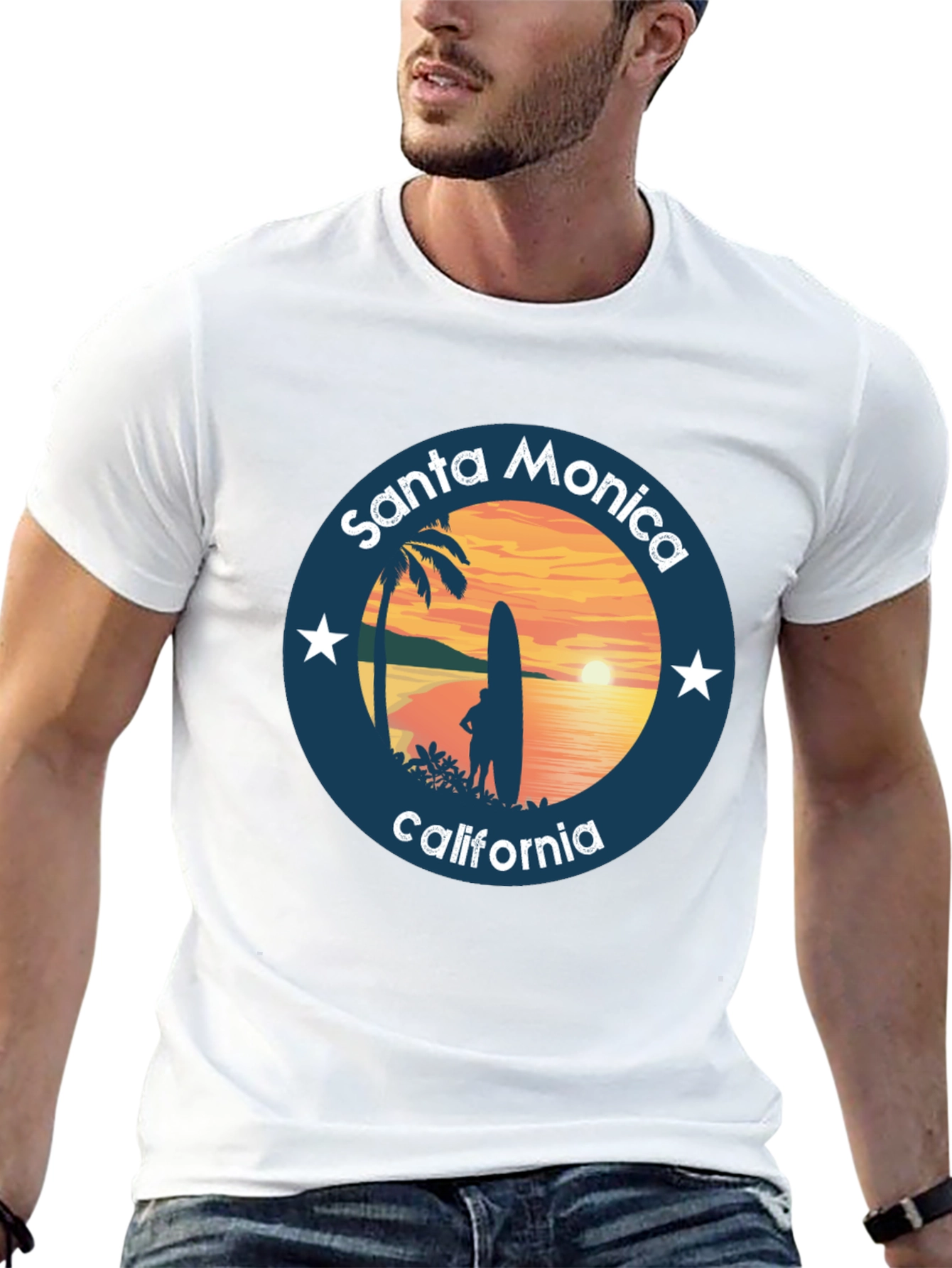 Black Santa Monica California T-Shirt Surfer Design view 13