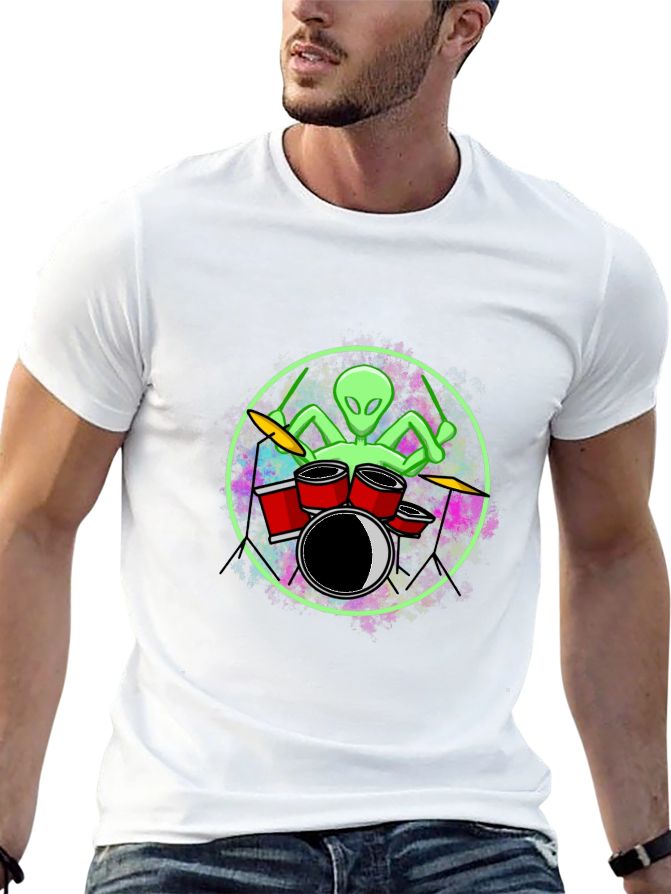Black Alien Drummer Graphic Tee - Black Cotton T-Shirt view 13