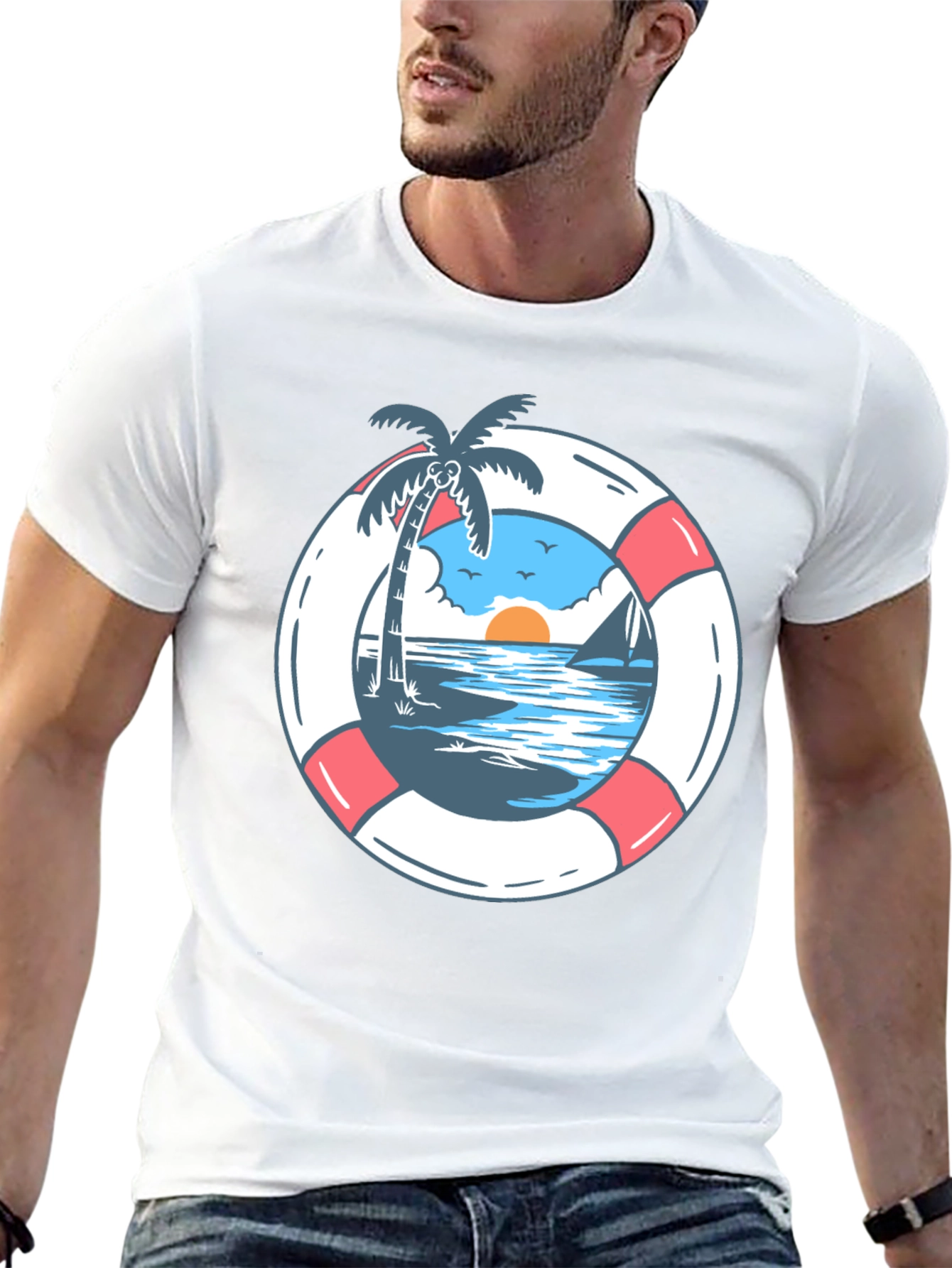 Tropical Beach Life Preserver Graphic Tee - 13