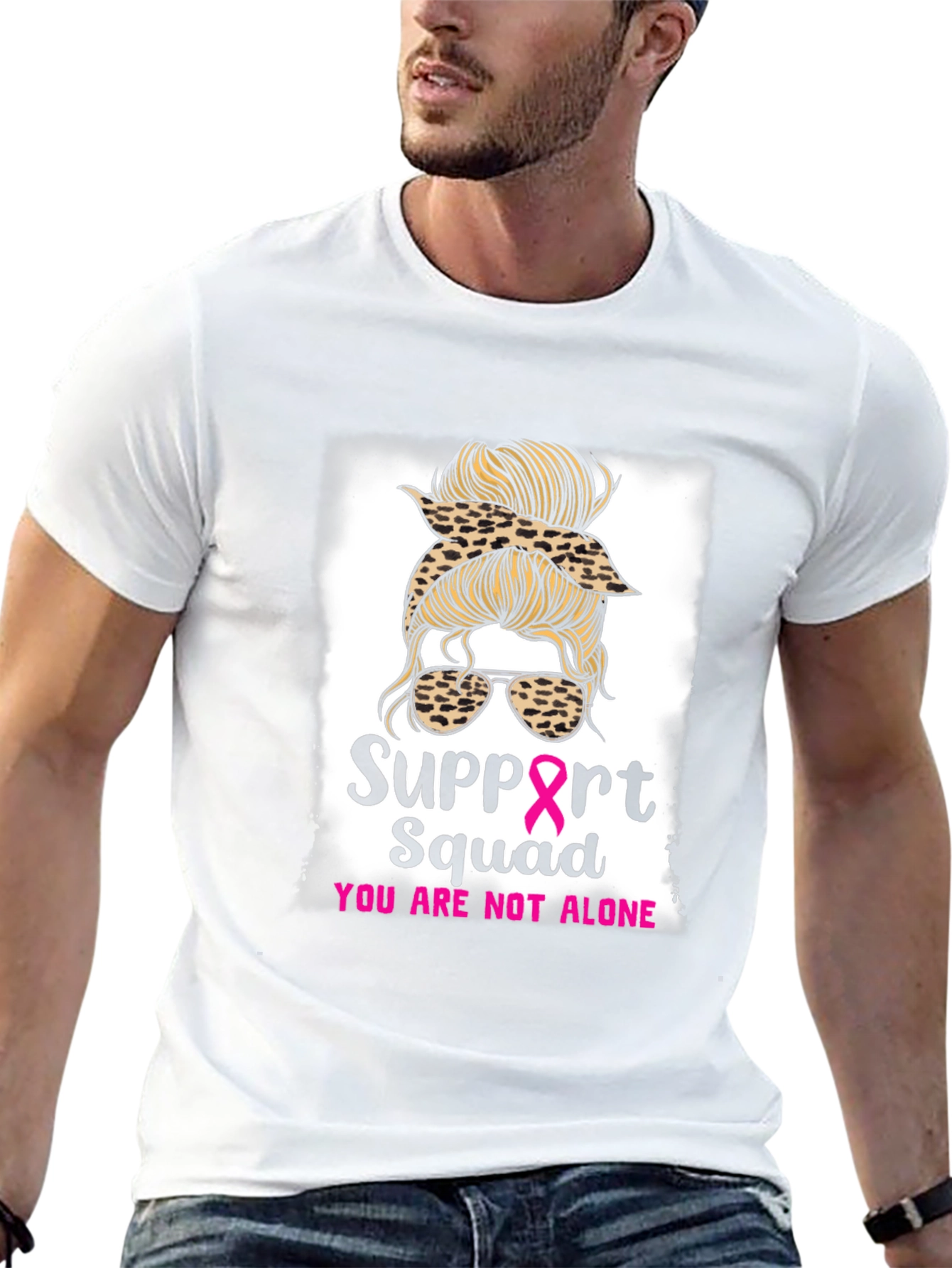 Black Support Squad Messy Bun Breast Cancer Awareness T-Shirt view 13