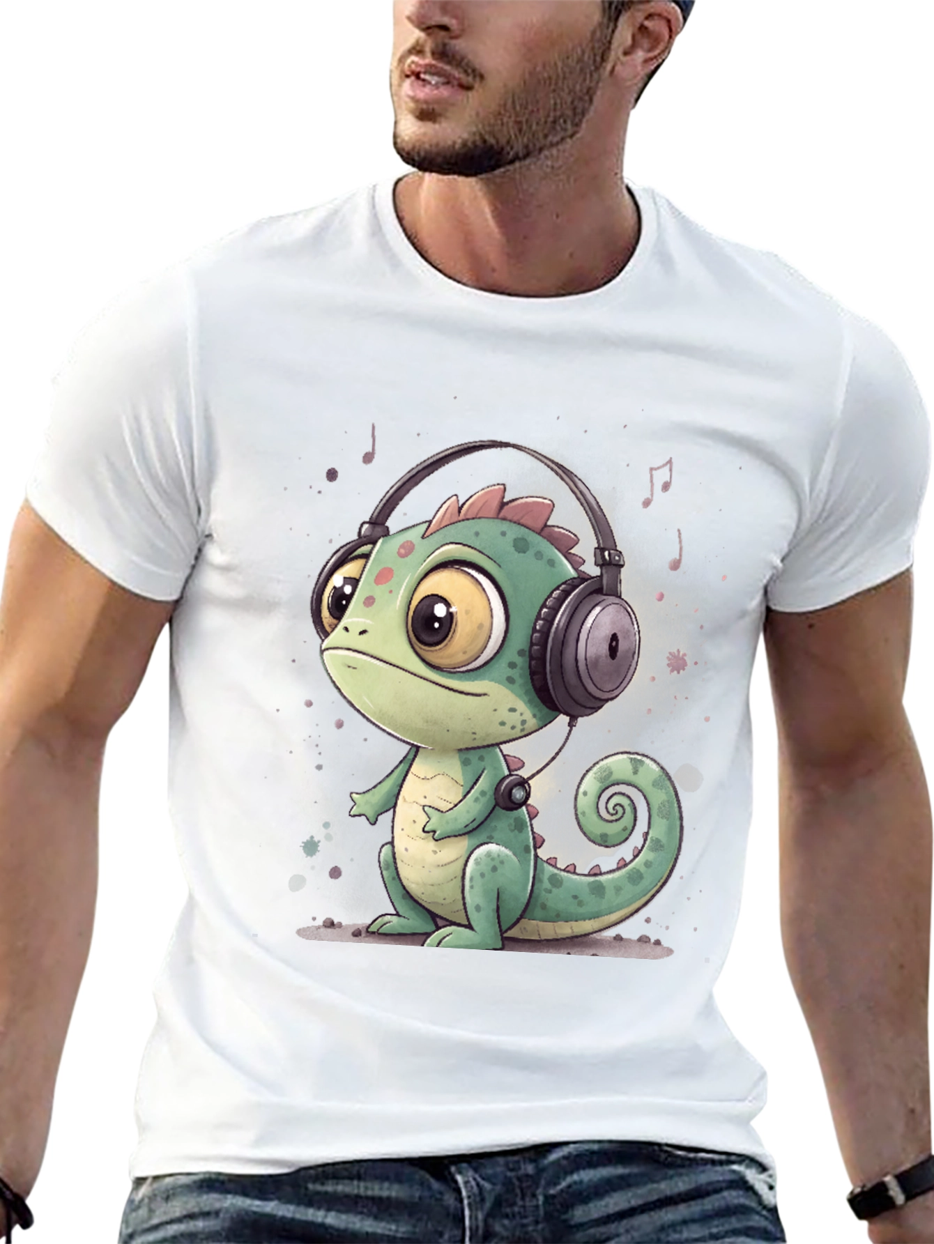 Black Cartoon Chameleon T-Shirt with Headphones view 13