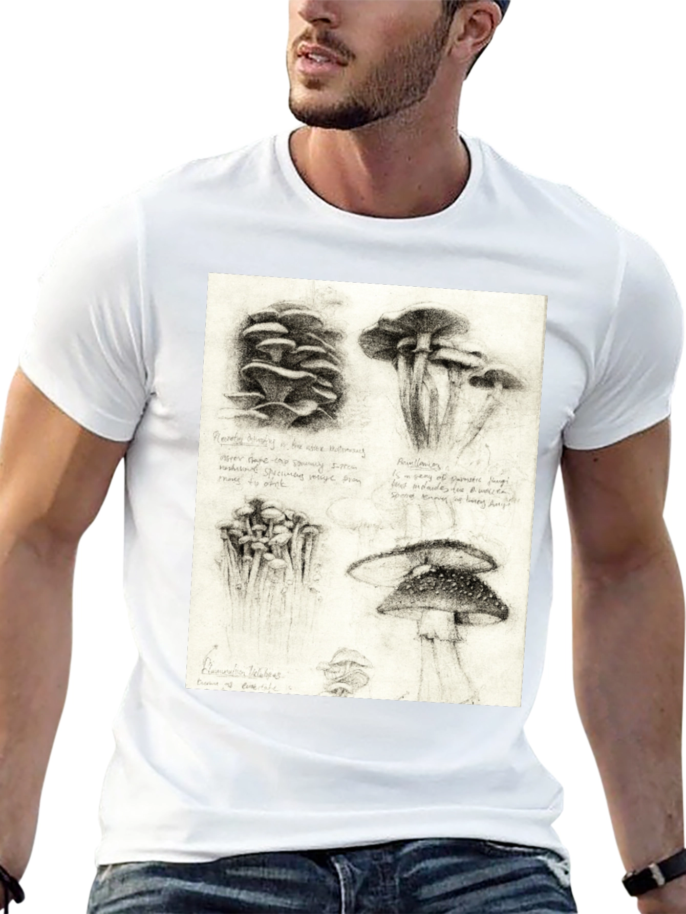 Black Mushroom Sketch Art T-Shirt - Nature Inspired Tee view 13
