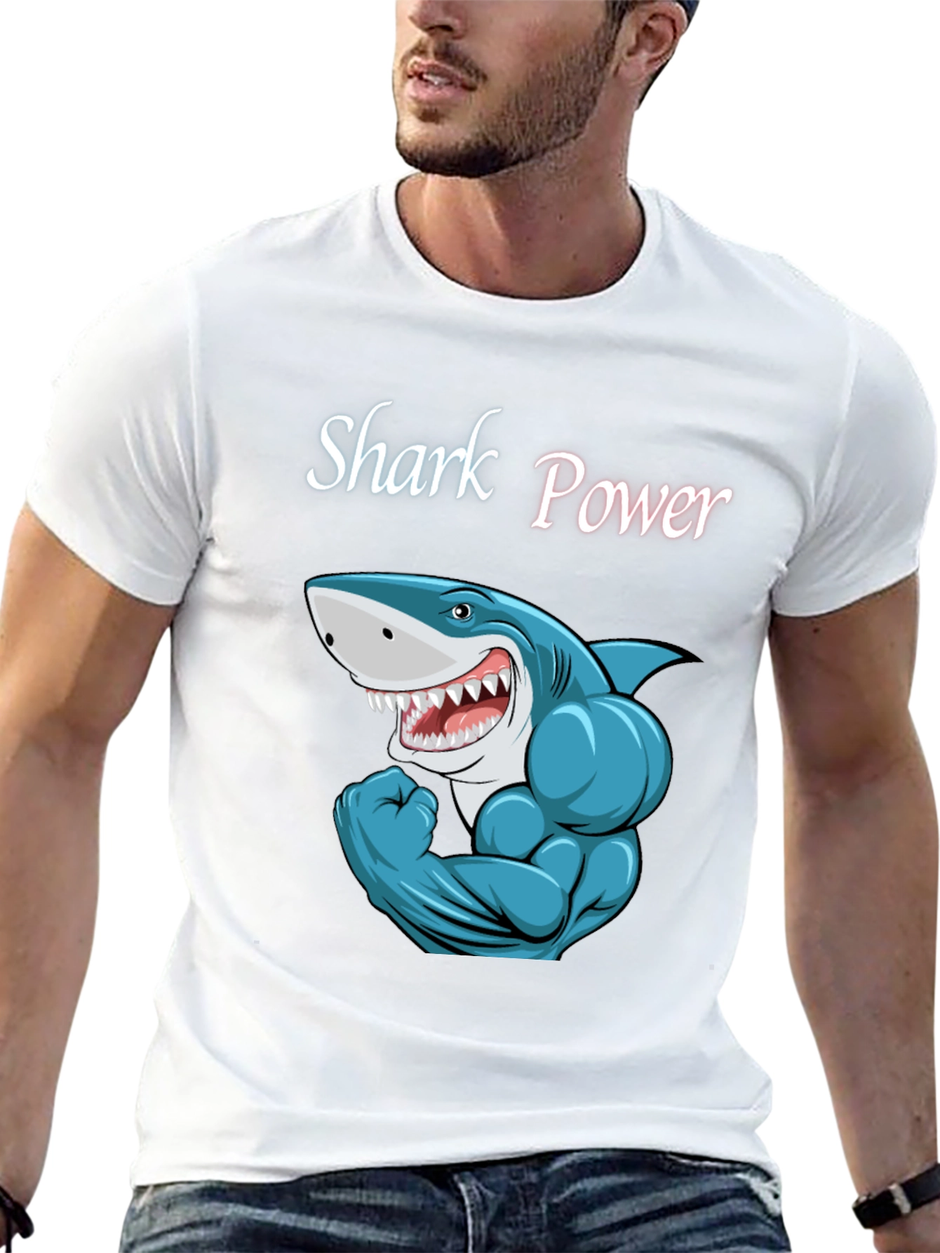 Black Shark Power Black T-Shirt - Muscular Cartoon Shark Design view 13