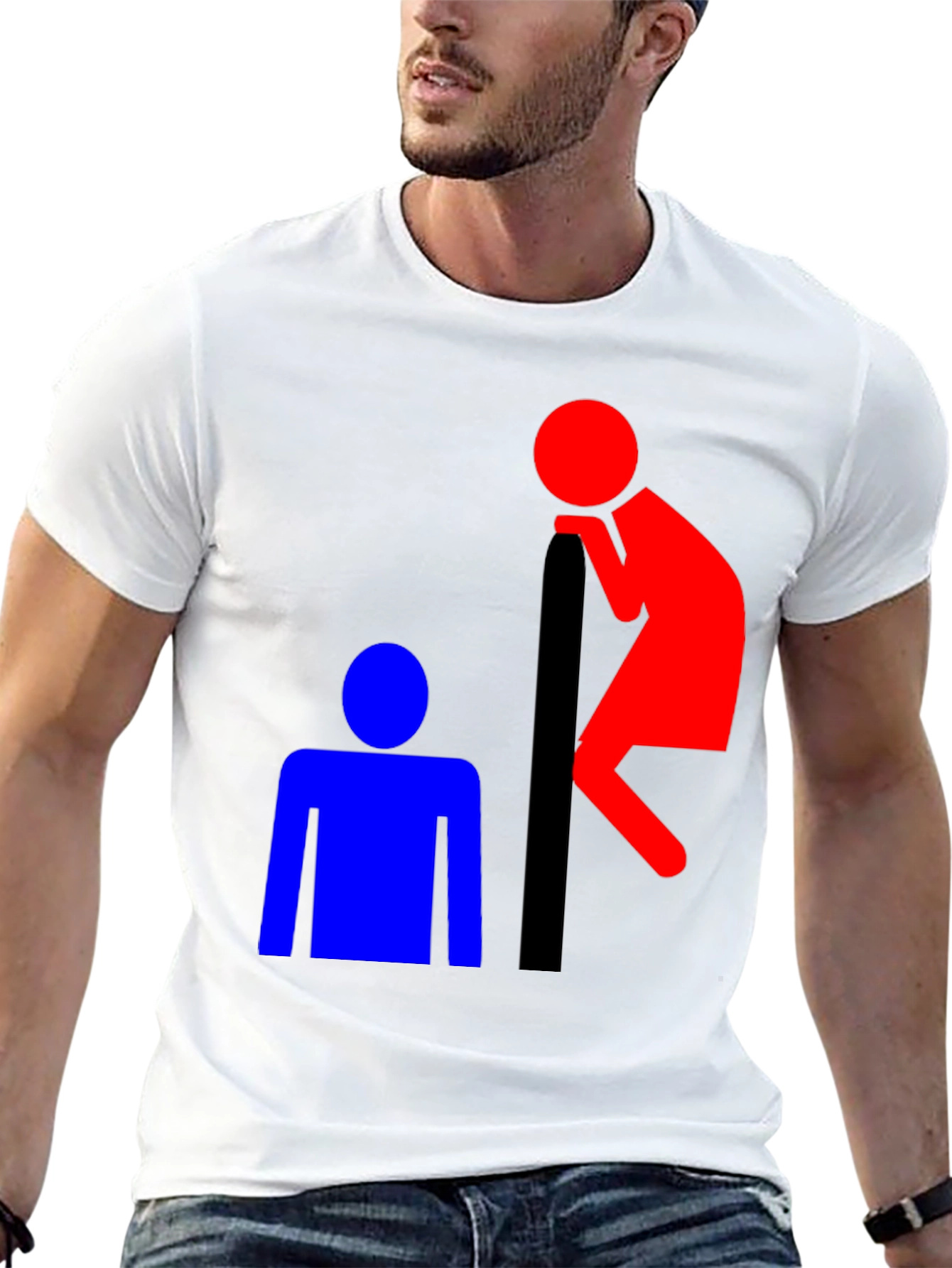 Black Funny T-Shirt: Red Peeping Tom and Blue Figure view 13