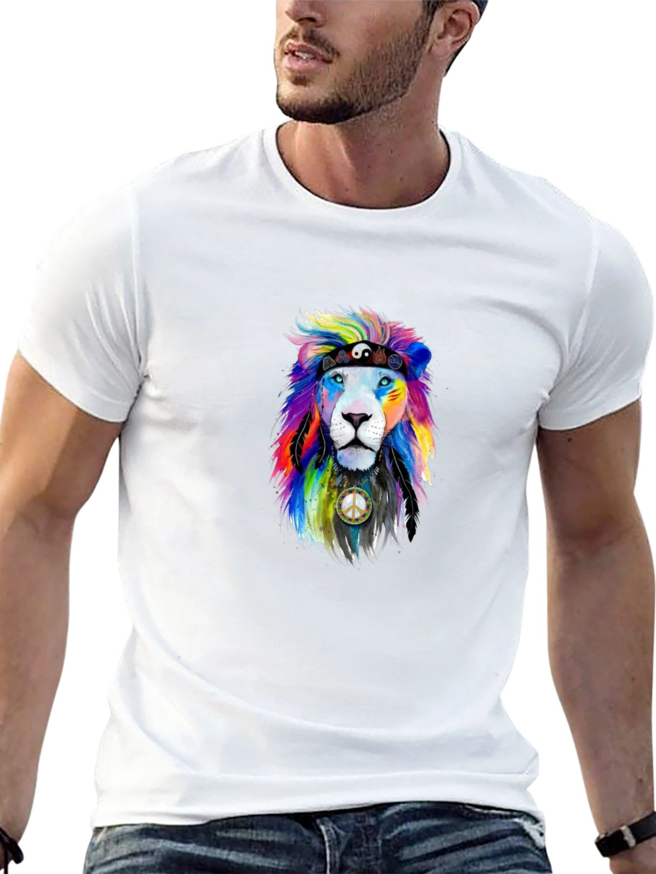 Black Rainbow Lion Peace Sign Graphic Tee view 13