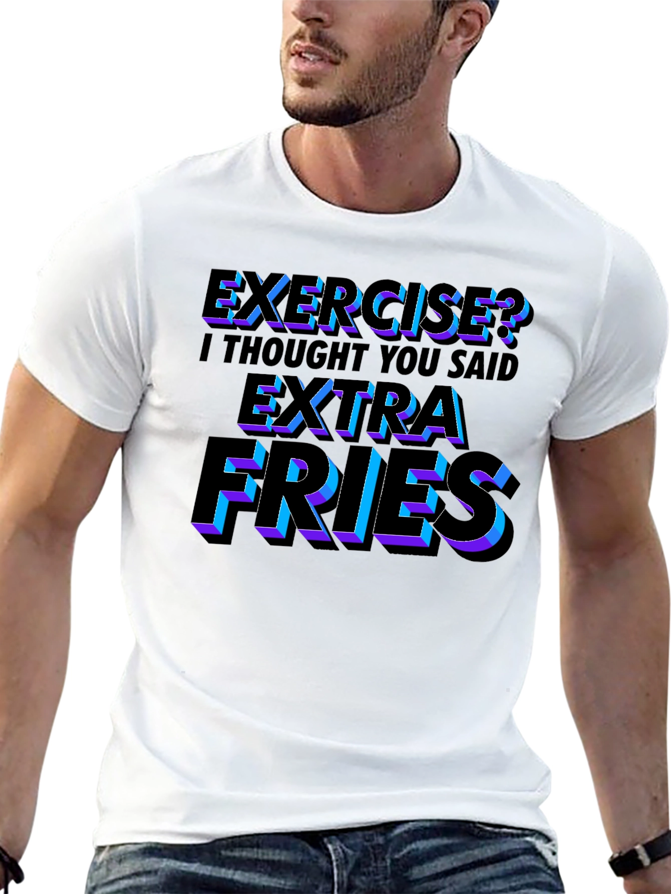 Black Funny Exercise? Extra Fries Men's Black T-Shirt view 13