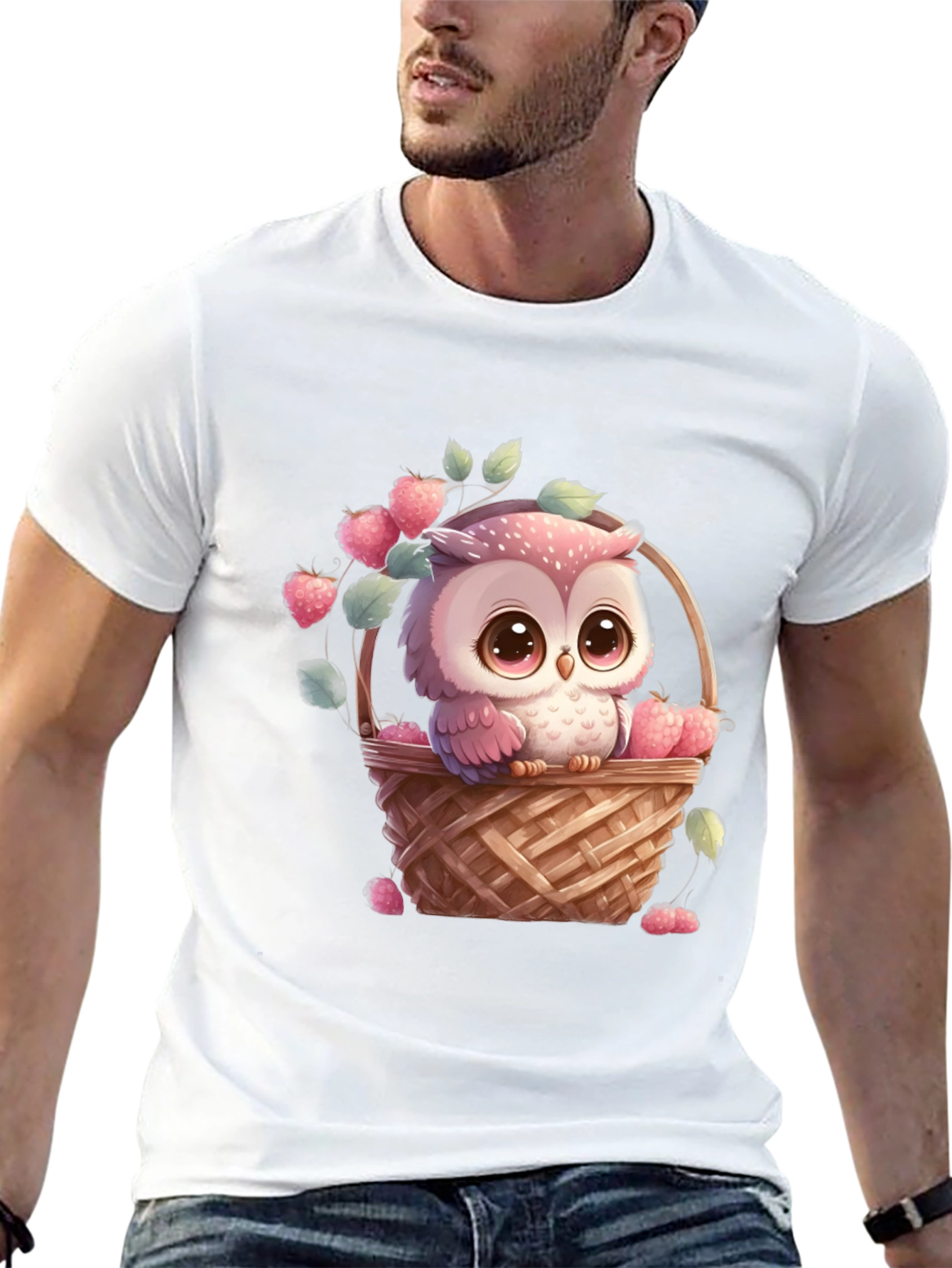 Black Owl in Basket T-Shirt: Cute Cartoon Graphic Tee view 13