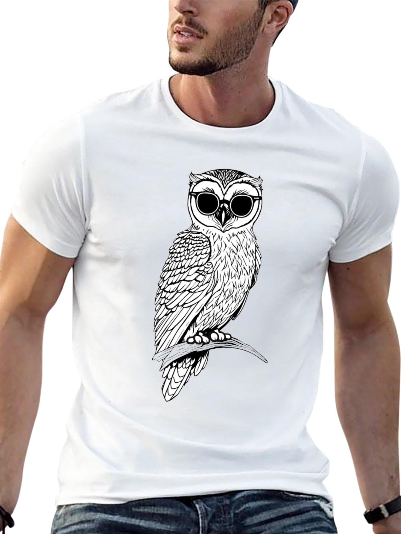 Black Cool Owl Graphic Tee - Black Cotton T-Shirt view 13