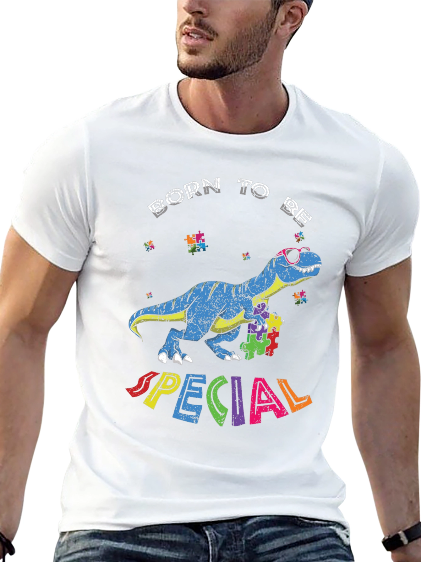 Black Born to Be Special Autism Awareness Dinosaur T-Shirt view 13