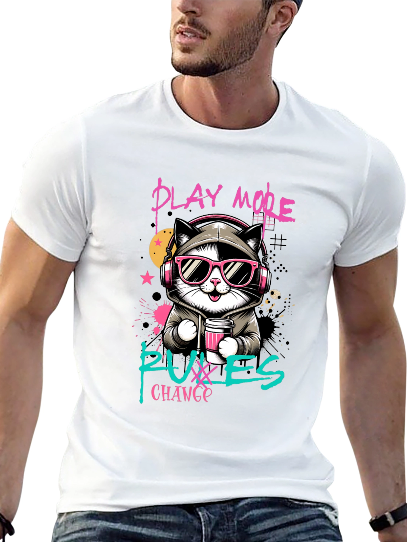 Black Play More, Puxxes Change T-Shirt - Cool Cat Design view 13