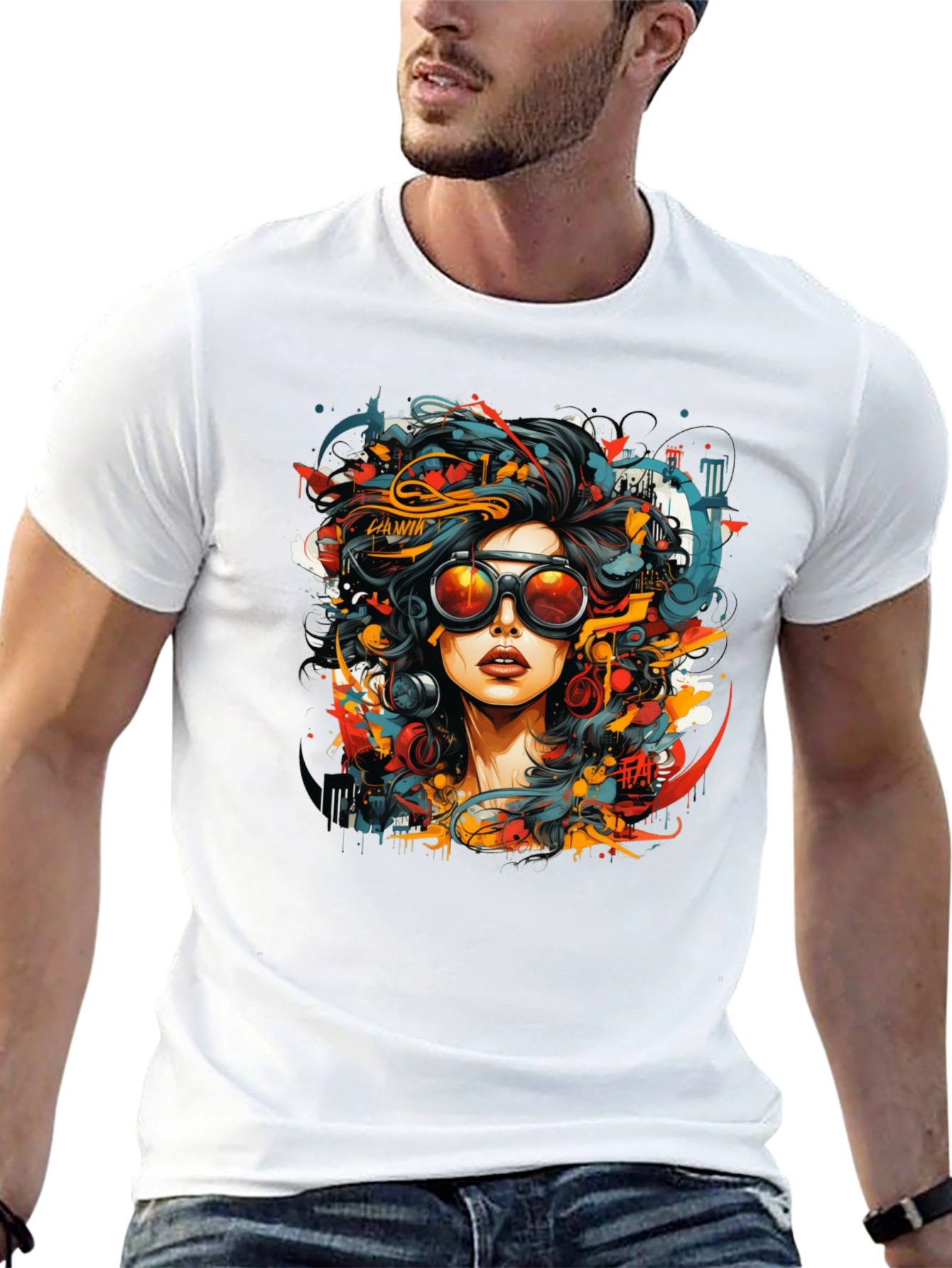 Black Abstract Woman Graphic Tee - Black Cotton T-Shirt view 13