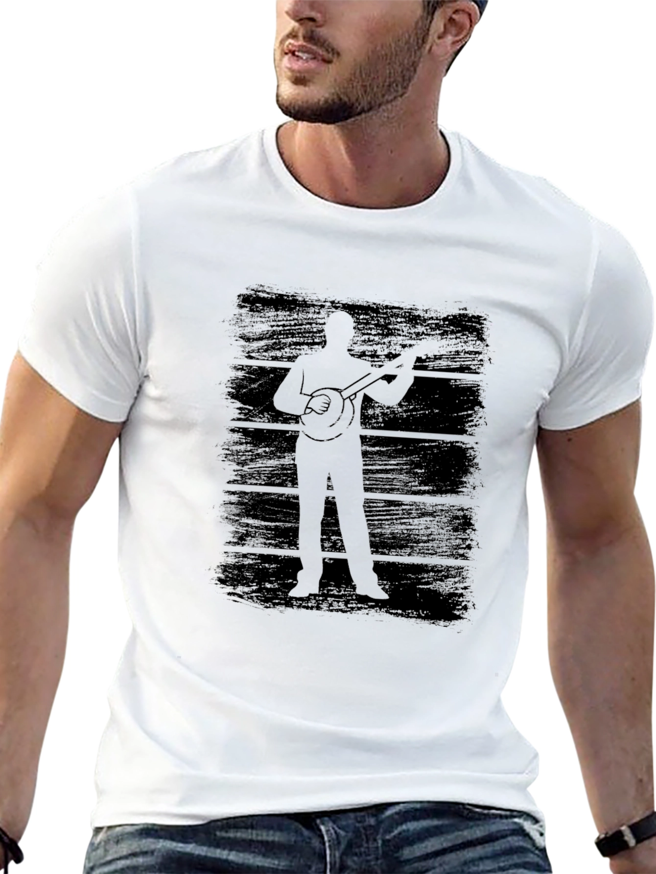 Black Banjo Player Silhouette Graphic Tee - Black Cotton T-Shirt view 13