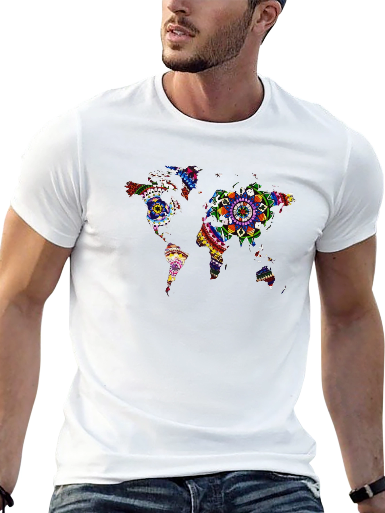 Black World Map Mandala Graphic T-Shirt view 13