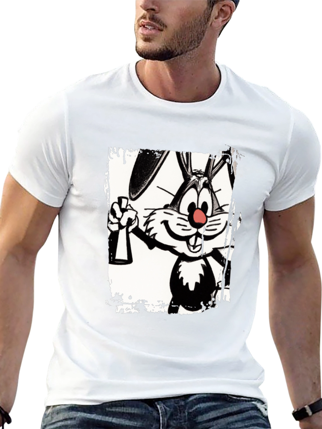 Black Cartoon Rabbit Graphic Black T-Shirt view 13