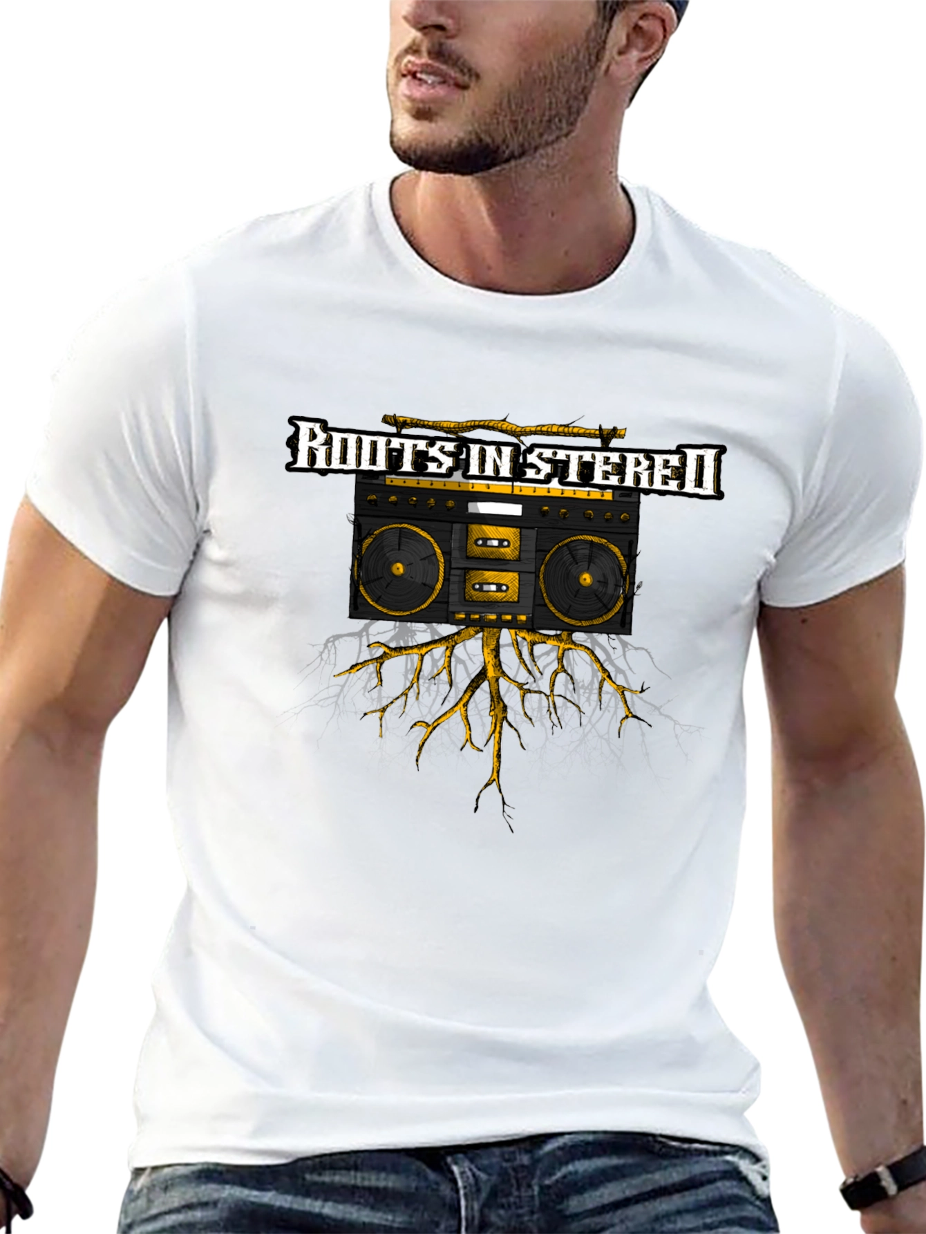 Black Roots in Stereo Black Graphic Tee - Cool Boombox Design view 13