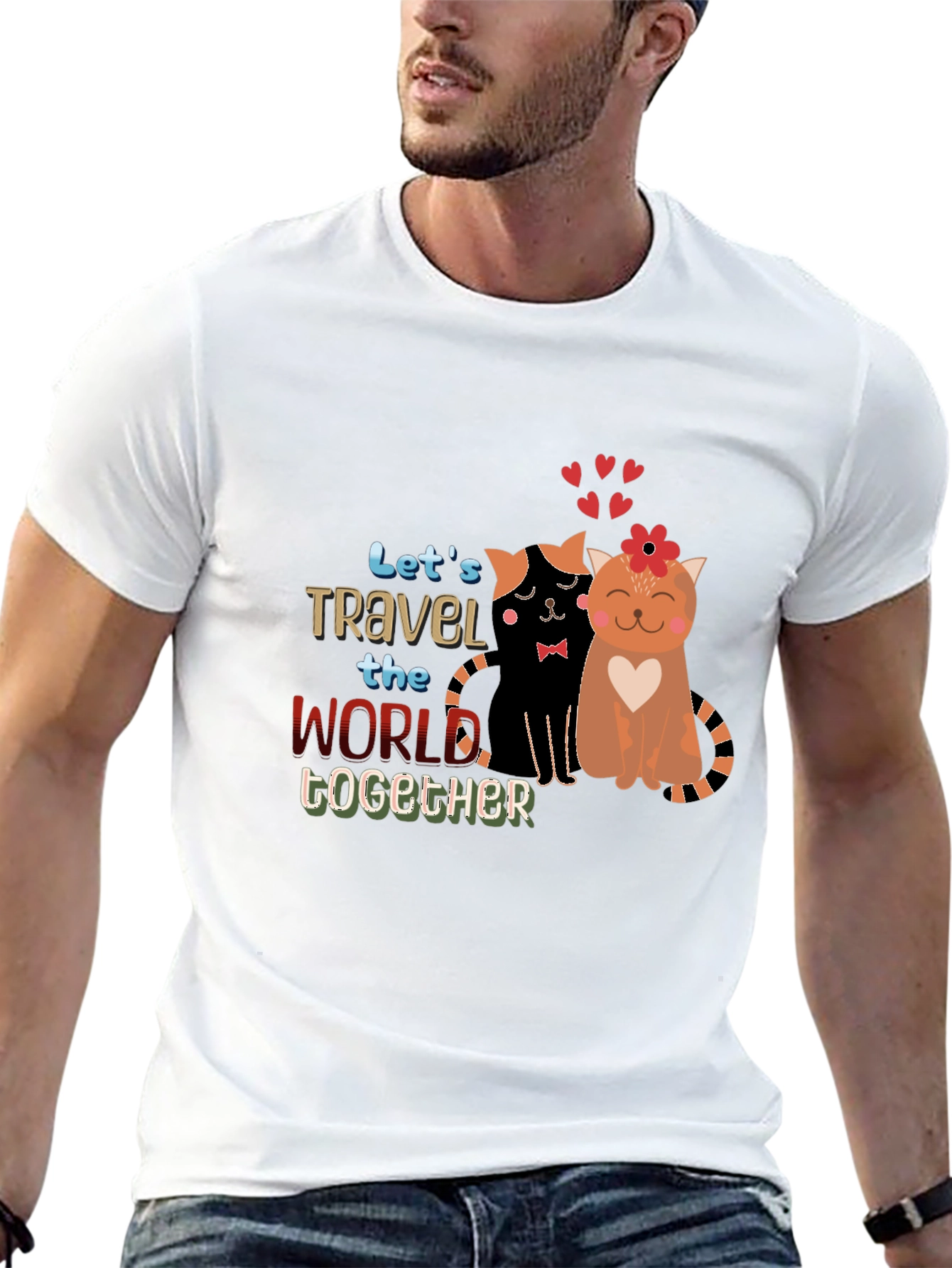Black Cute Couple Cats Travel Together Graphic Black T-Shirt view 13