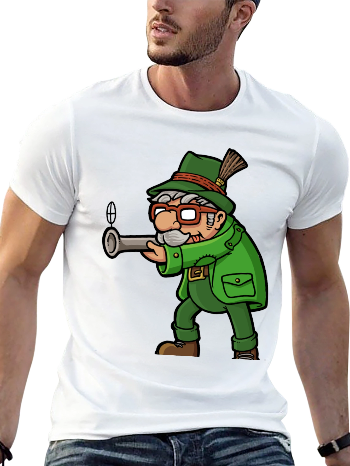 Black Cartoon Hunter Graphic Tee - Quirky Novelty Shirt view 13