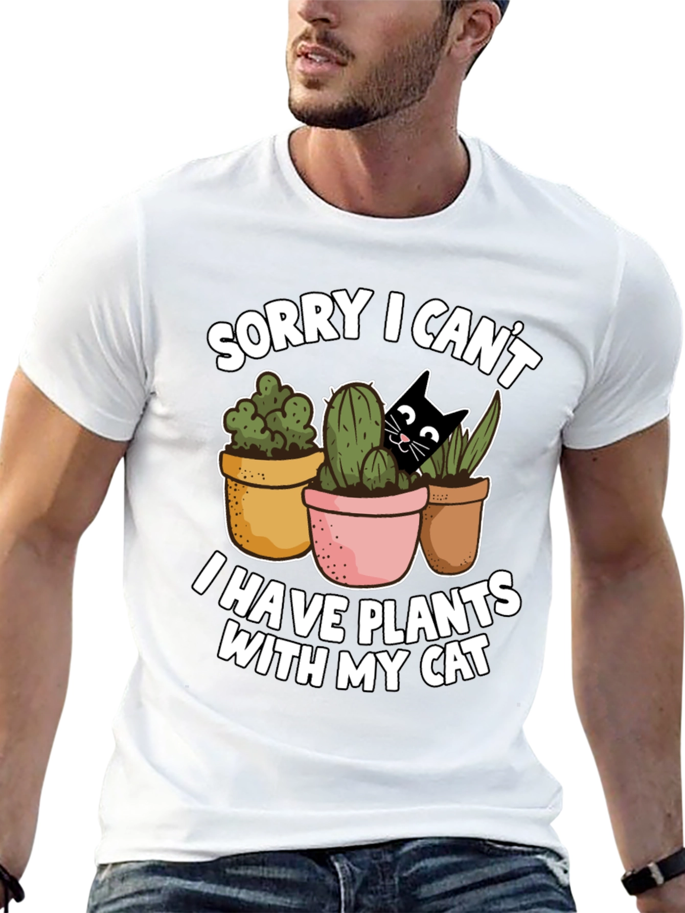 Black Funny Plants and Cat Graphic T-Shirt view 13