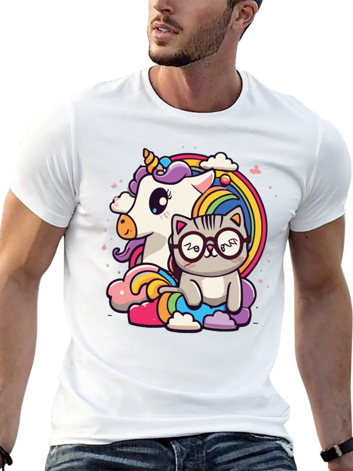 Black Unicorn Cat Rainbow Graphic Tee - Black view 13