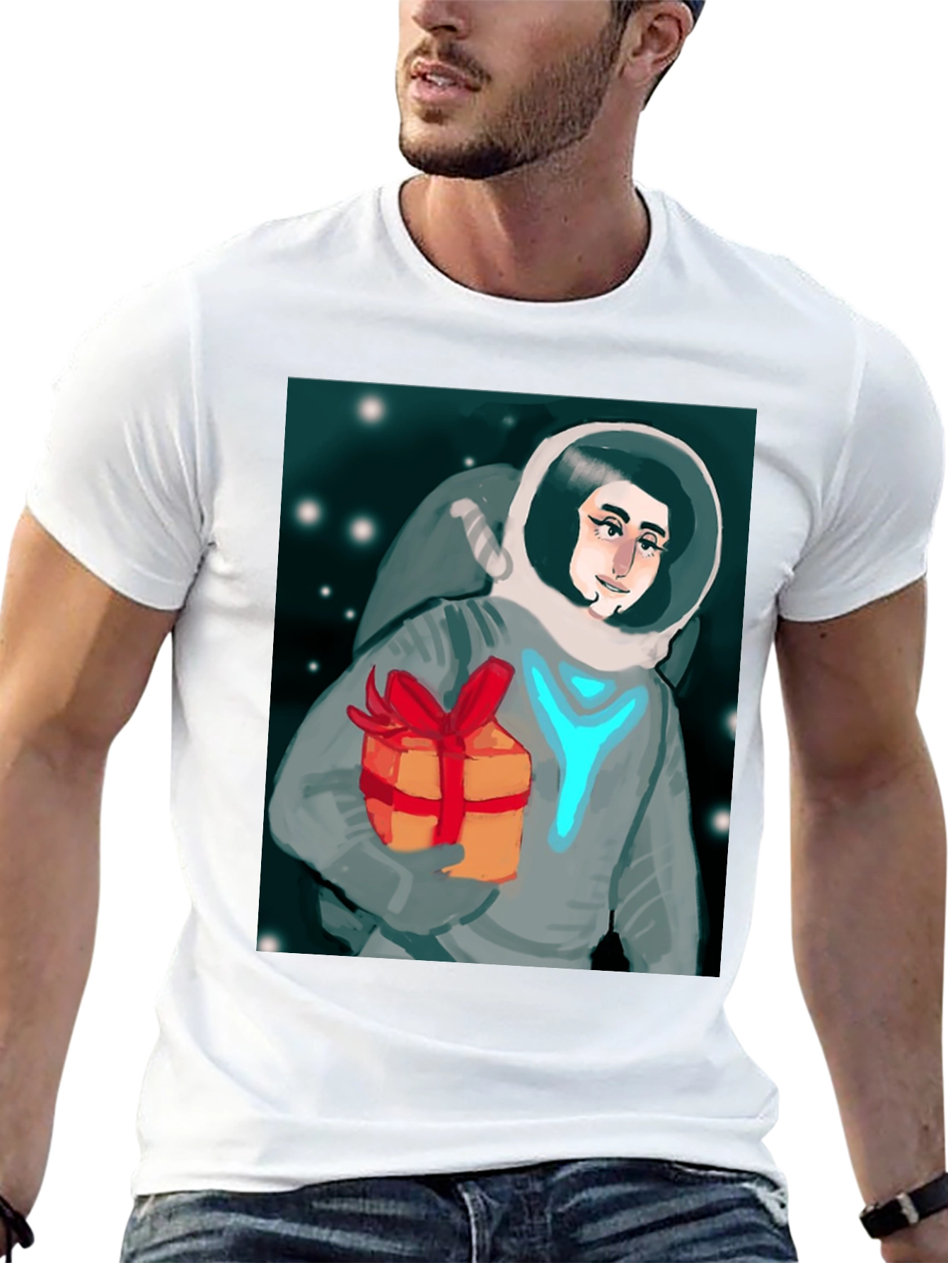 Black Astronaut with Gift Graphic Tee - Black Cotton T-Shirt view 13