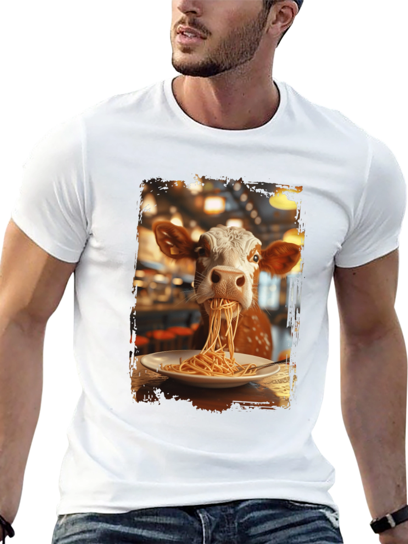Black Cow Eating Spaghetti Graphic T-Shirt view 13