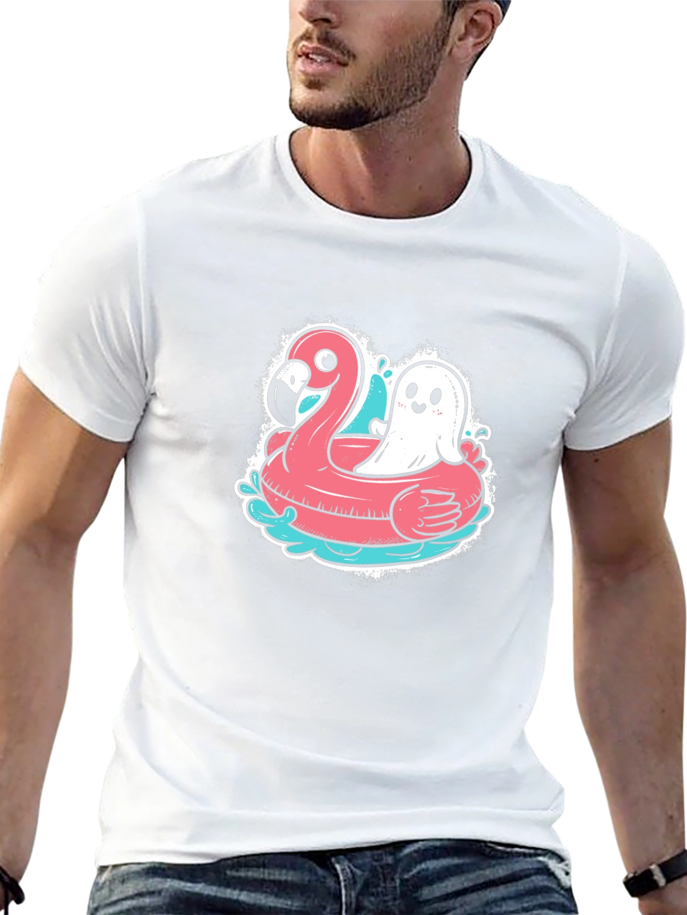 Black Ghost & Flamingo Float T-Shirt - Spooky Summer Vibes! view 13