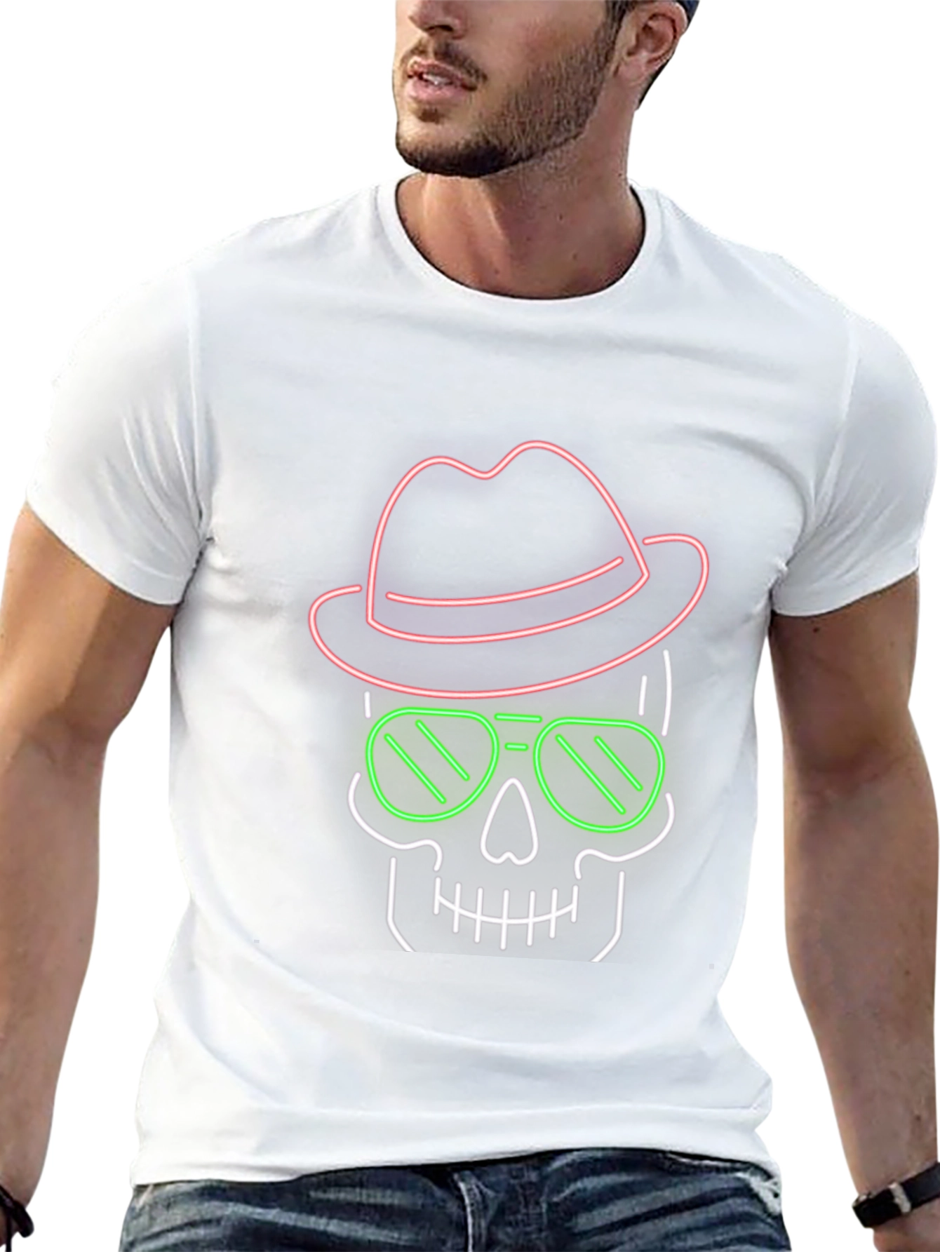 Black Neon Skull T-Shirt - Hat & Sunglasses Graphic Tee view 13