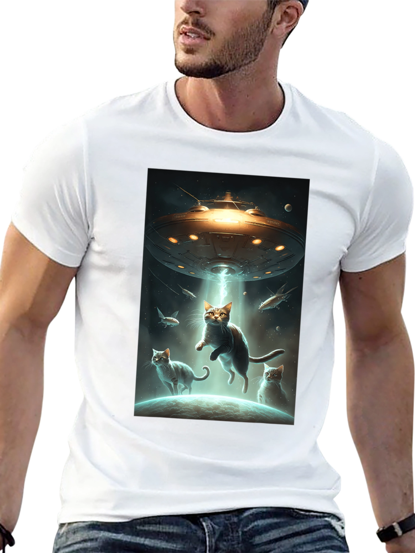 Black Alien Cat Abduction T-Shirt view 13