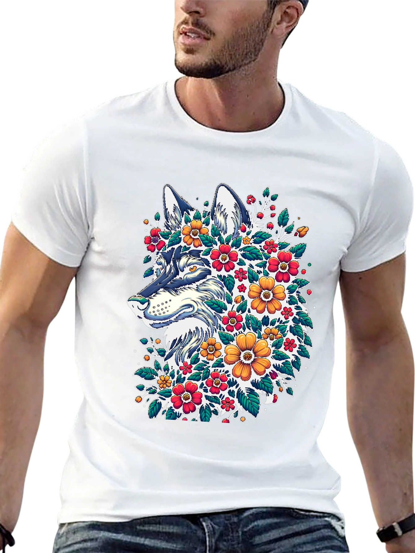 Black Floral Wolf T-Shirt - Artistic Graphic Tee view 13