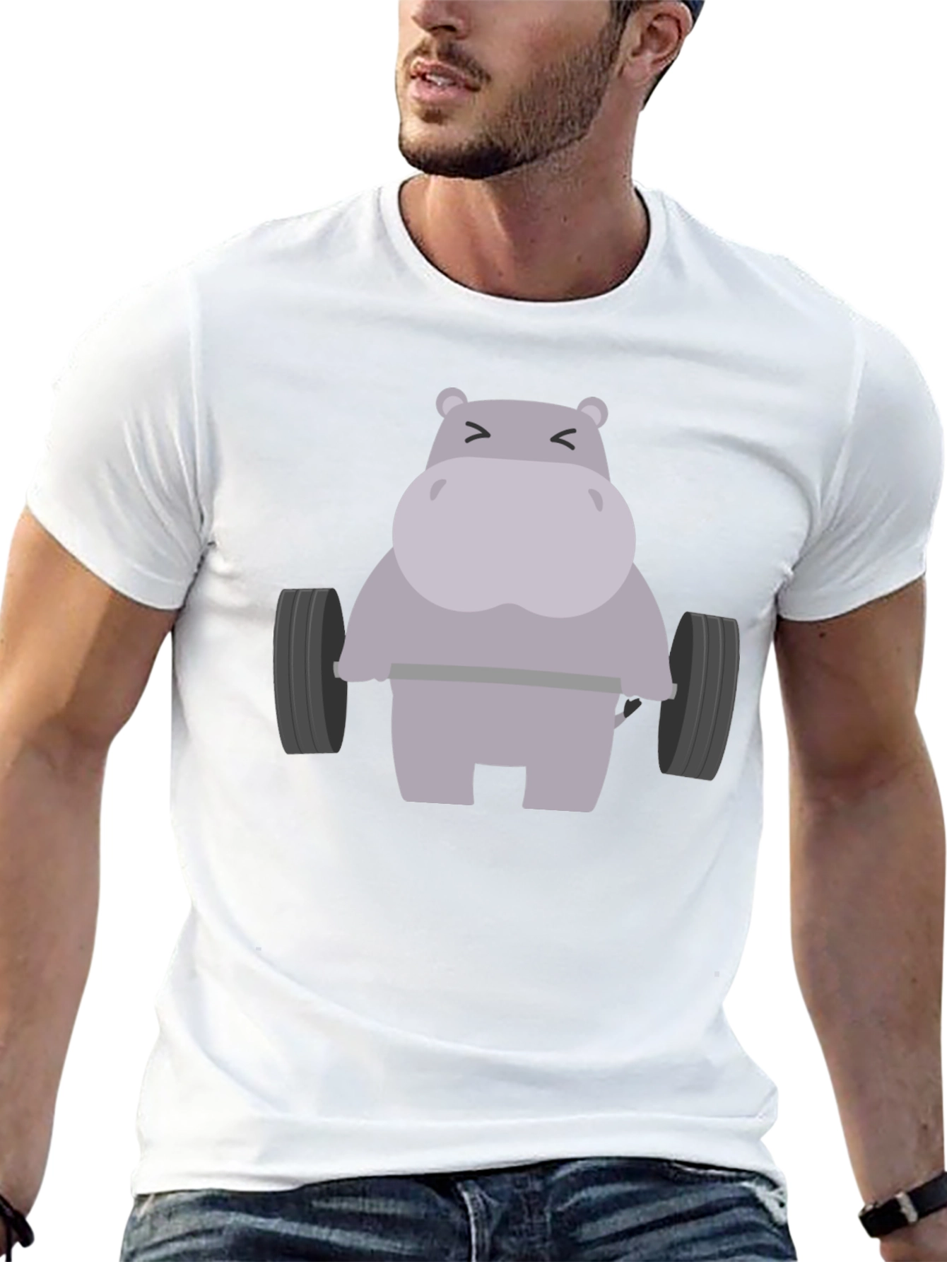 Black Hippo Lifting Weights Graphic T-Shirt - Gym Humor view 13