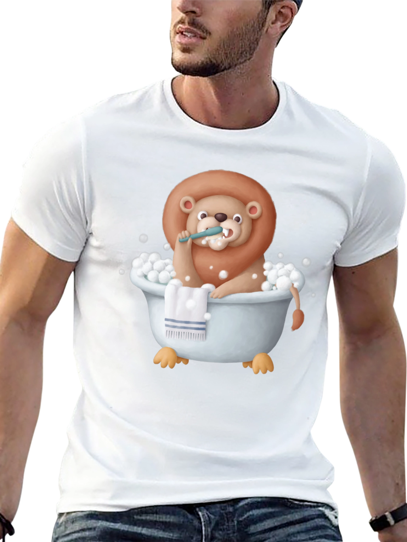 Black Funny Lion in Bathtub Graphic T-Shirt view 13