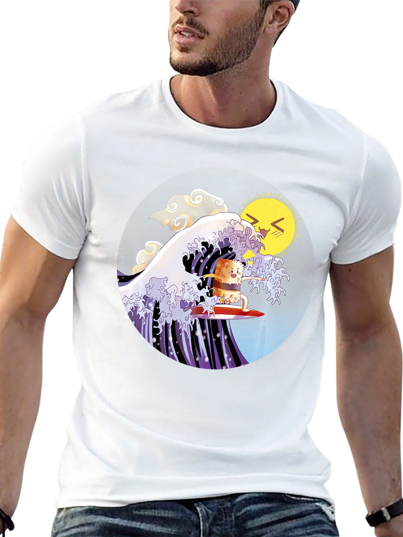 Black Sushi Surfer T-Shirt - Kawaii Wave Design view 13