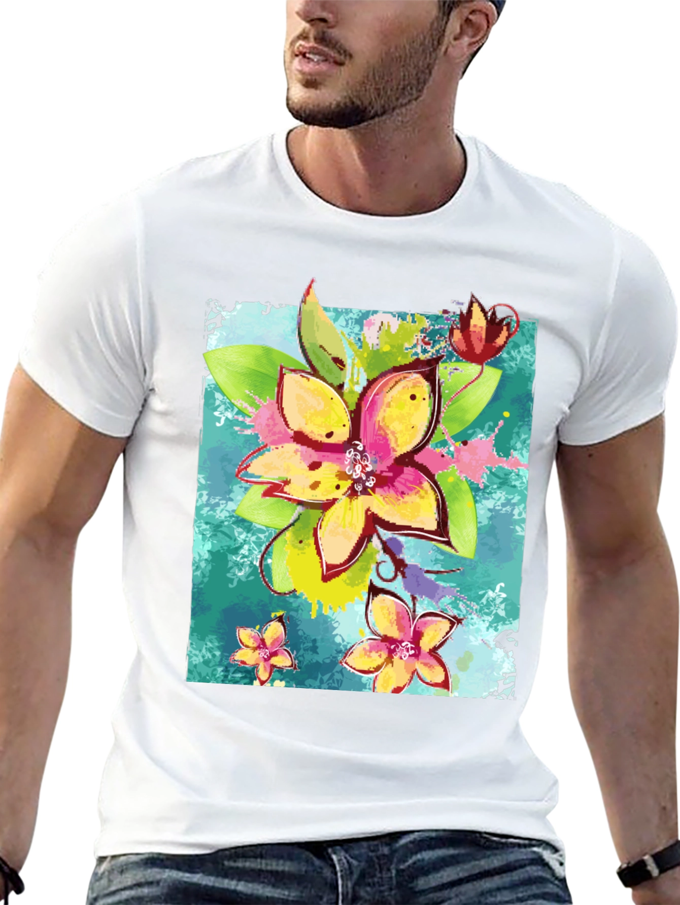 Black Floral Print Men's Black T-Shirt view 13