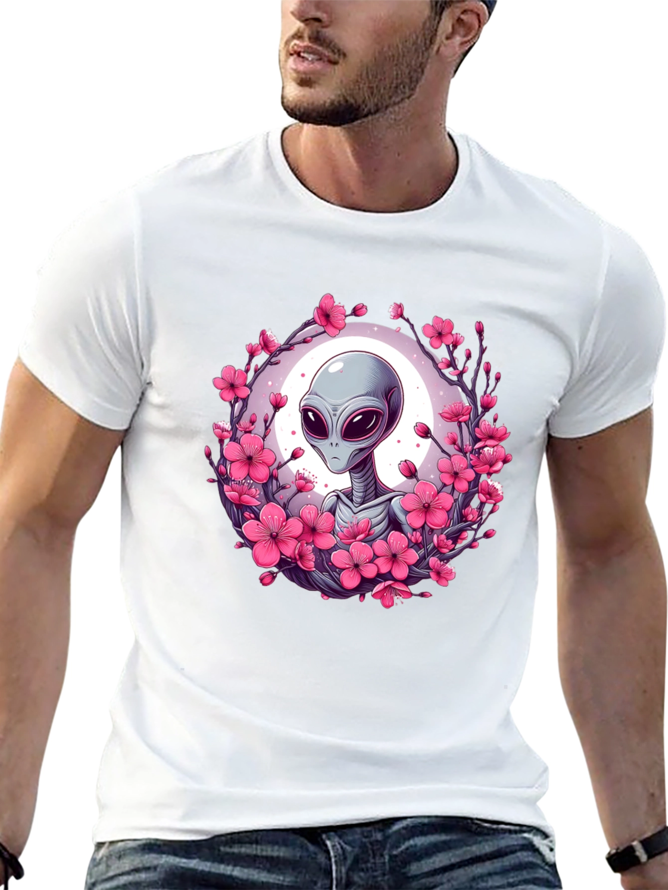 Black Alien in Cherry Blossoms Graphic Tee - Black view 13