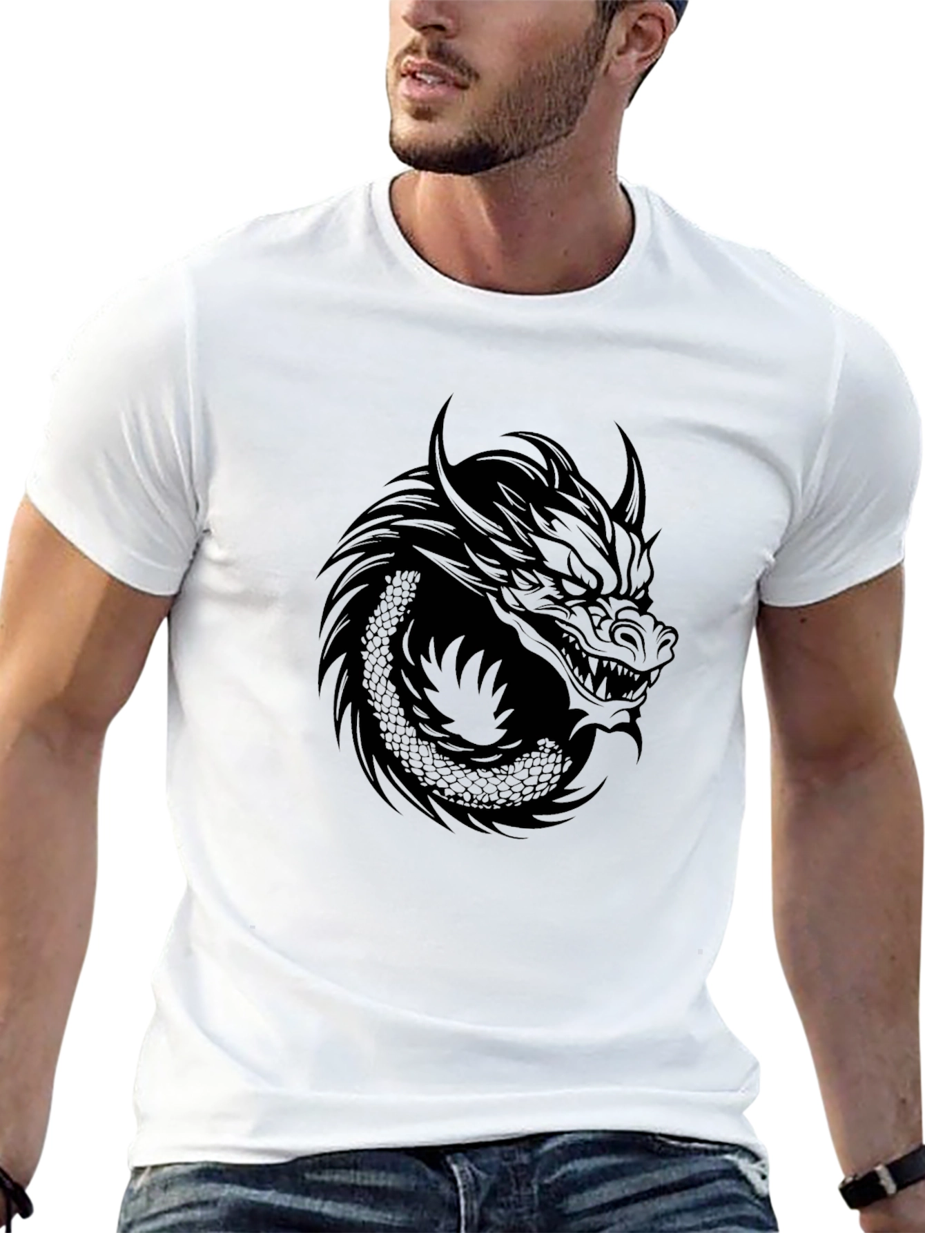 Black Men's Black Dragon Graphic Tee - Stylish Crew Neck T-Shirt view 13