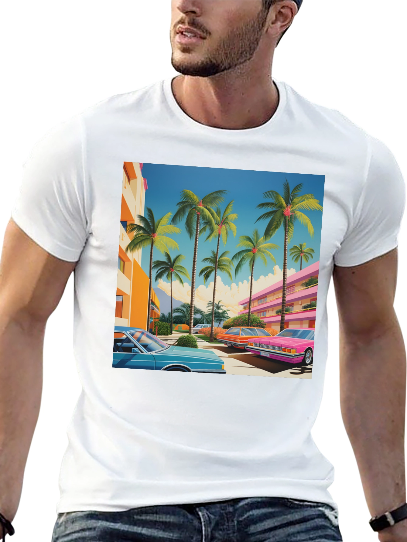 Black Retro Miami Palm Tree Cars T-Shirt view 13