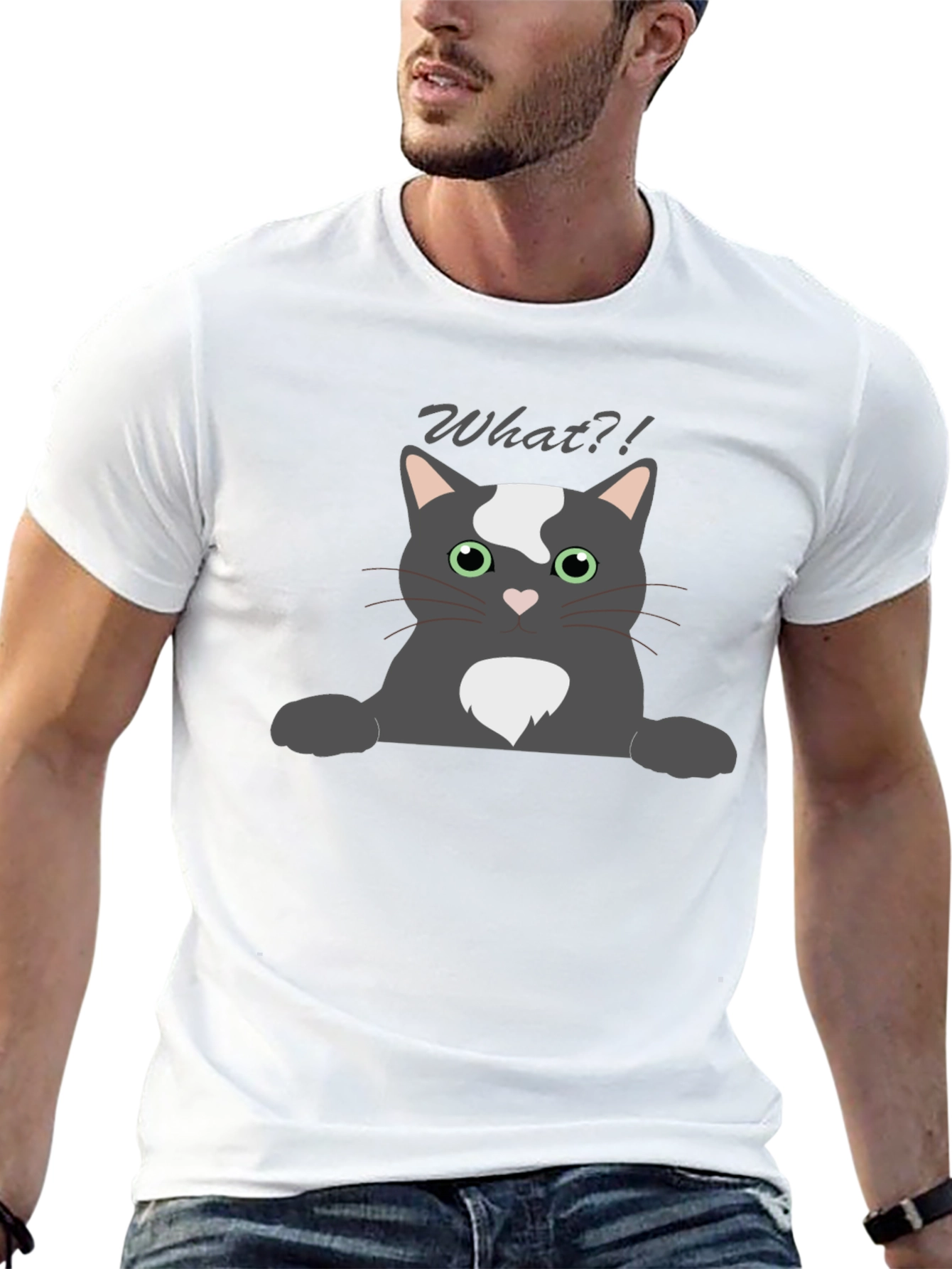 Black Funny "What?!" Cat Graphic T-Shirt view 13