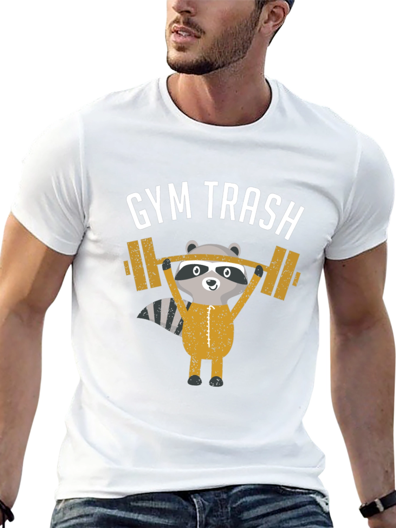 Black Gym Trash Raccoon Weightlifting T-Shirt view 13