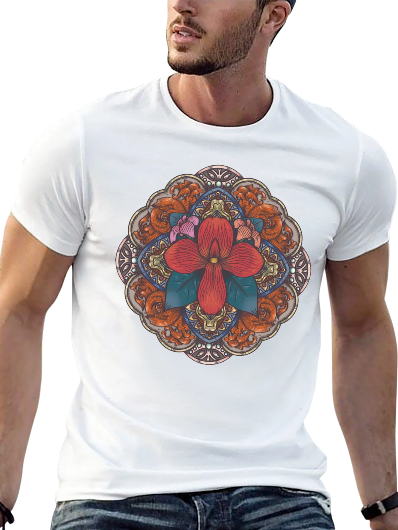 Black Floral Mandala Black T-Shirt view 13