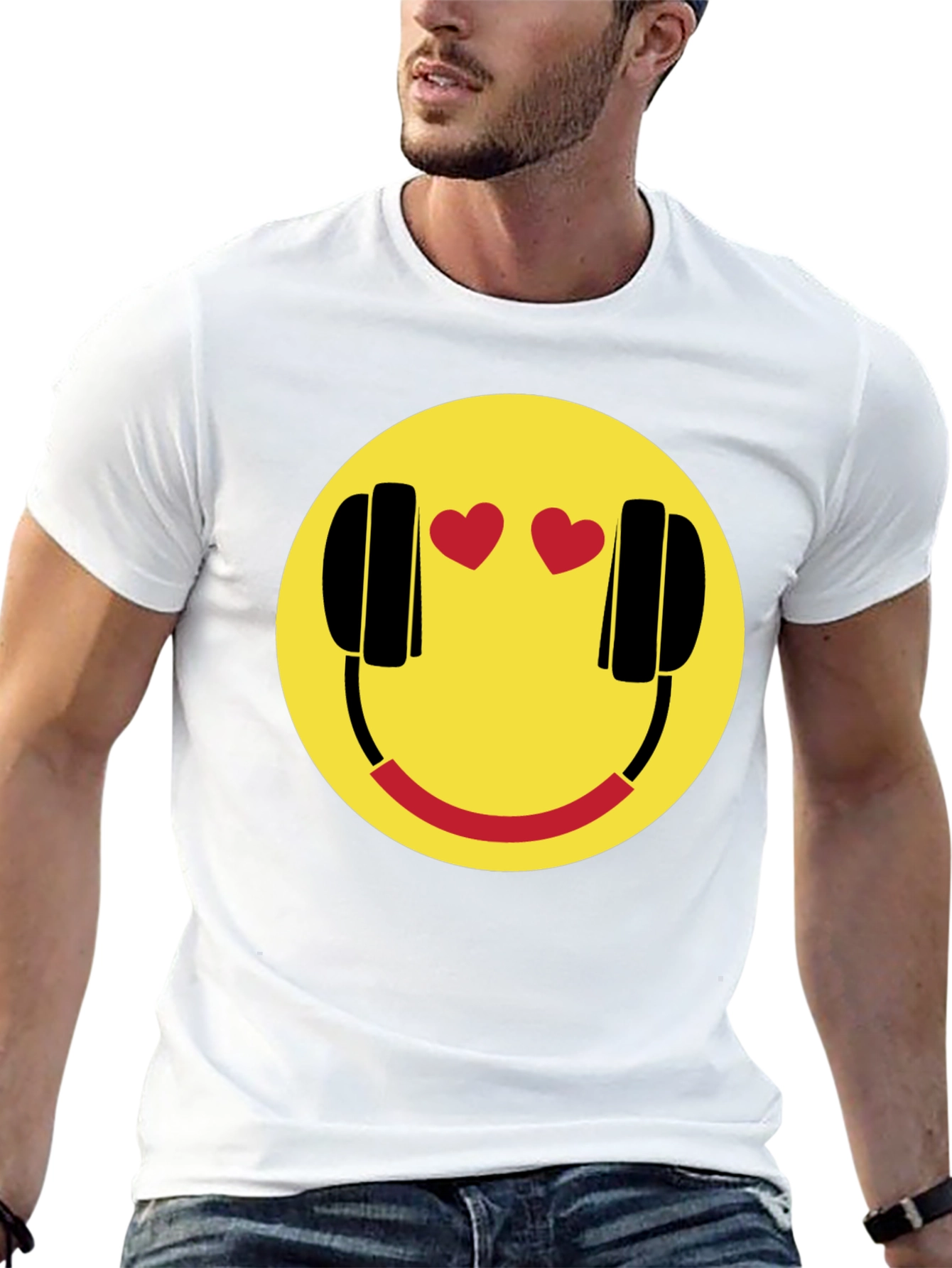 Black Smiley Face with Headphone Hearts T-Shirt view 13