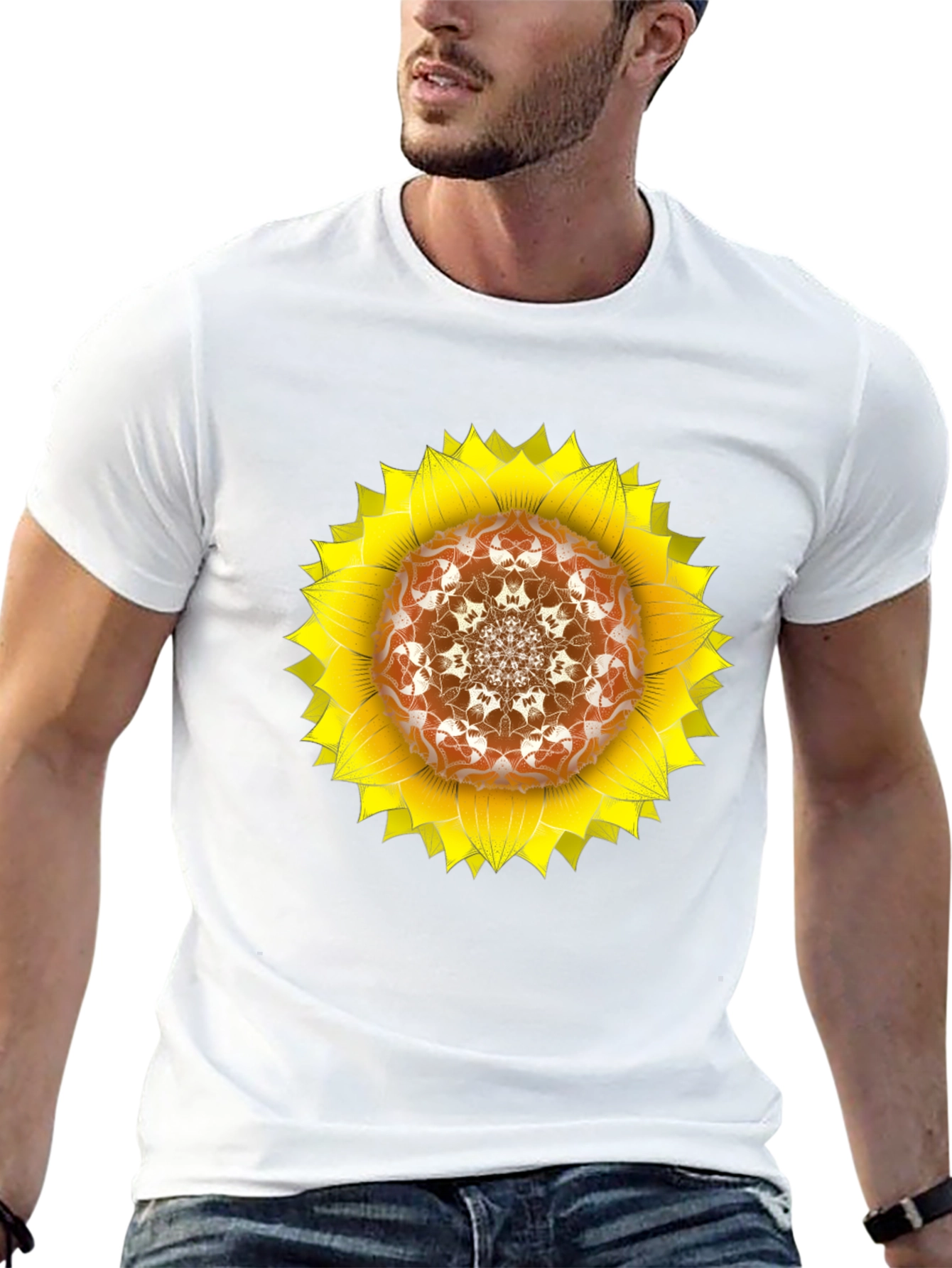 Black Sunflower Mandala Black T-Shirt view 13