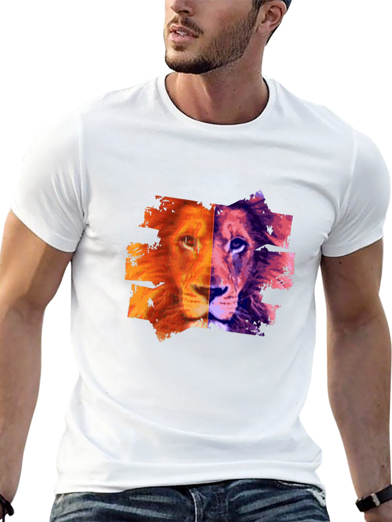 Black Lion Split Face Graphic Print Black T-Shirt view 13