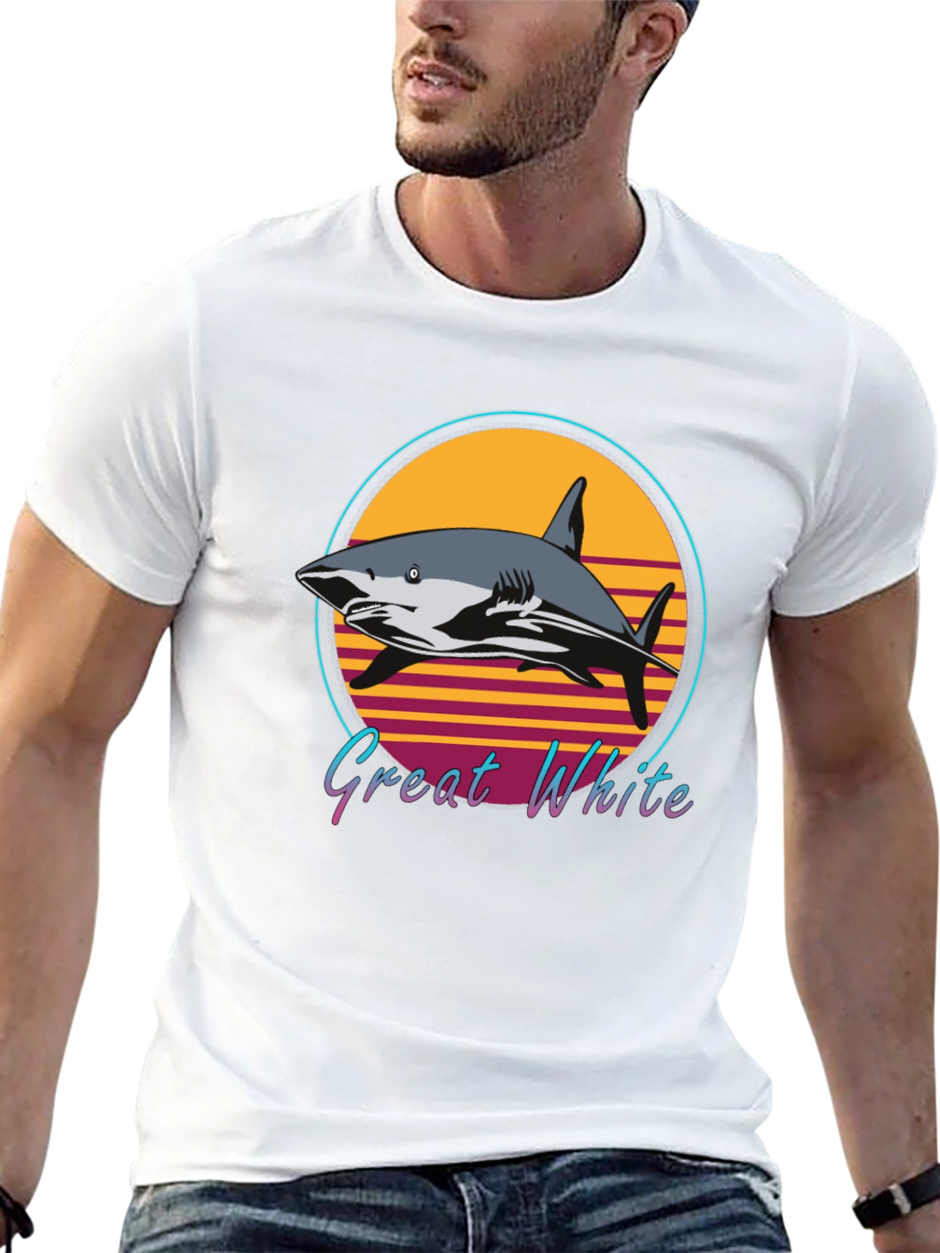 Black Great White Shark Retro Style T-Shirt view 13