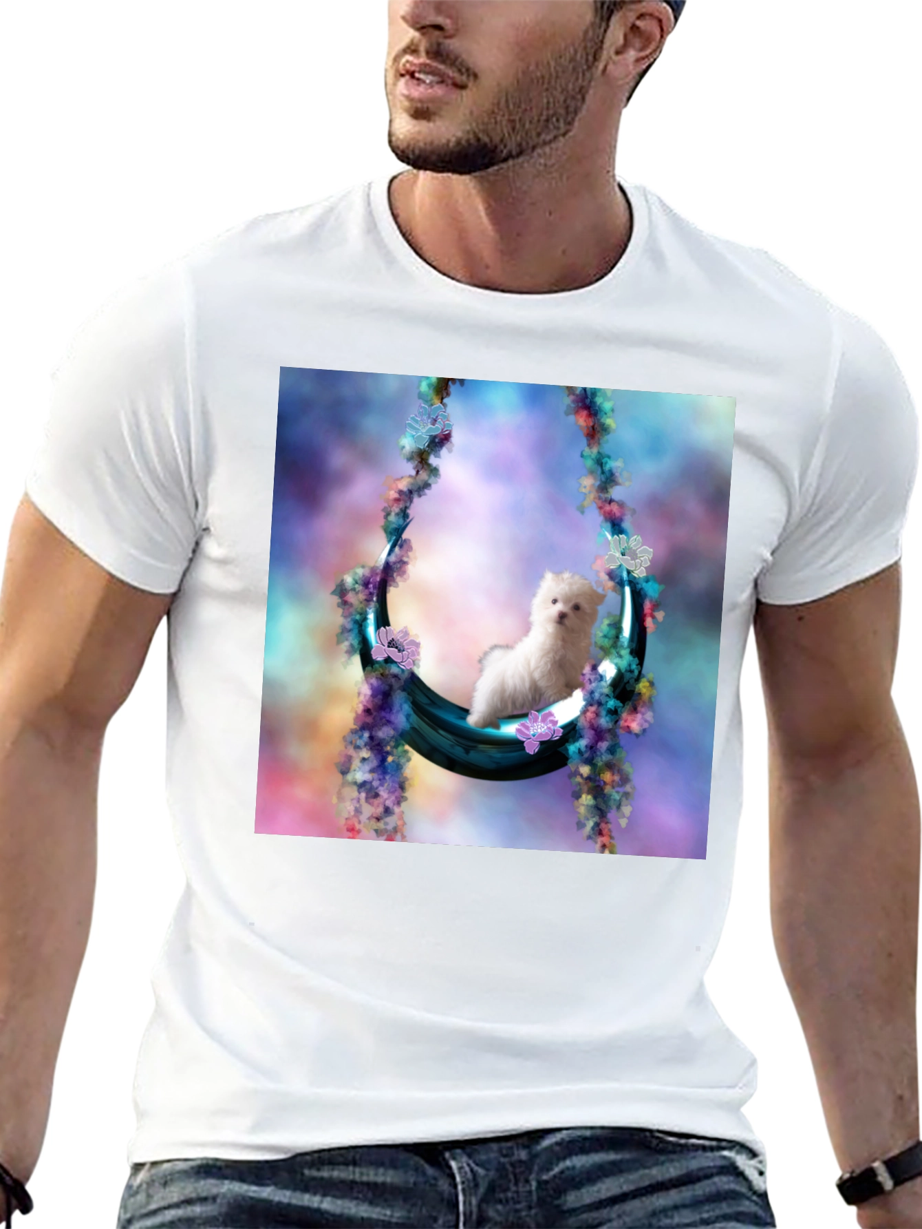 Black Cute Puppy in Floral Swing Black T-Shirt view 13