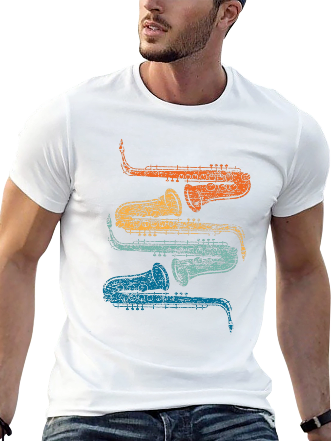 Black Retro Saxophone Stacked T-Shirt - Cool Musician Tee view 13