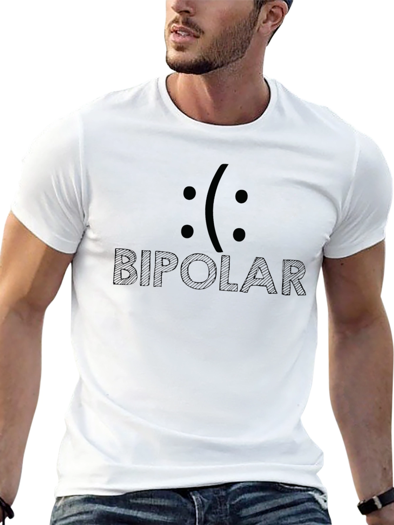 Black Bipolar Smiley Face Graphic T-Shirt - Unisex Casual Tee view 13