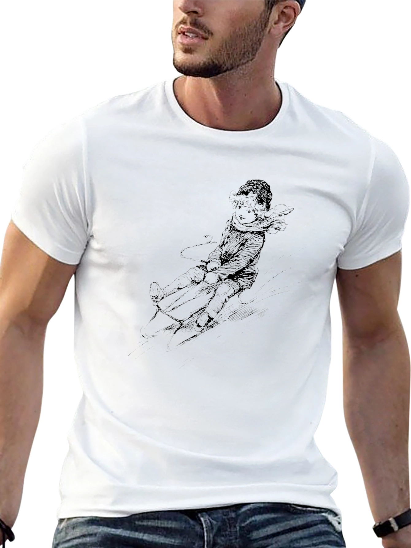 Black Black T-Shirt with Winter Sledding Print view 13